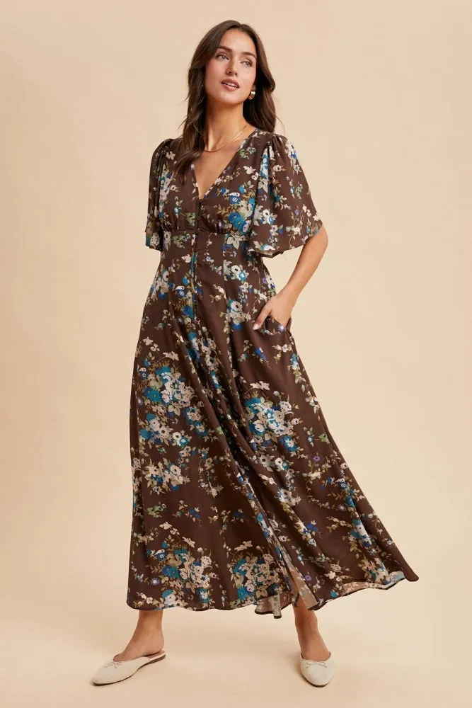 Brown Floral Flutter Button Down Maxi Dress sold by Pinkblush product image thumbnail 3