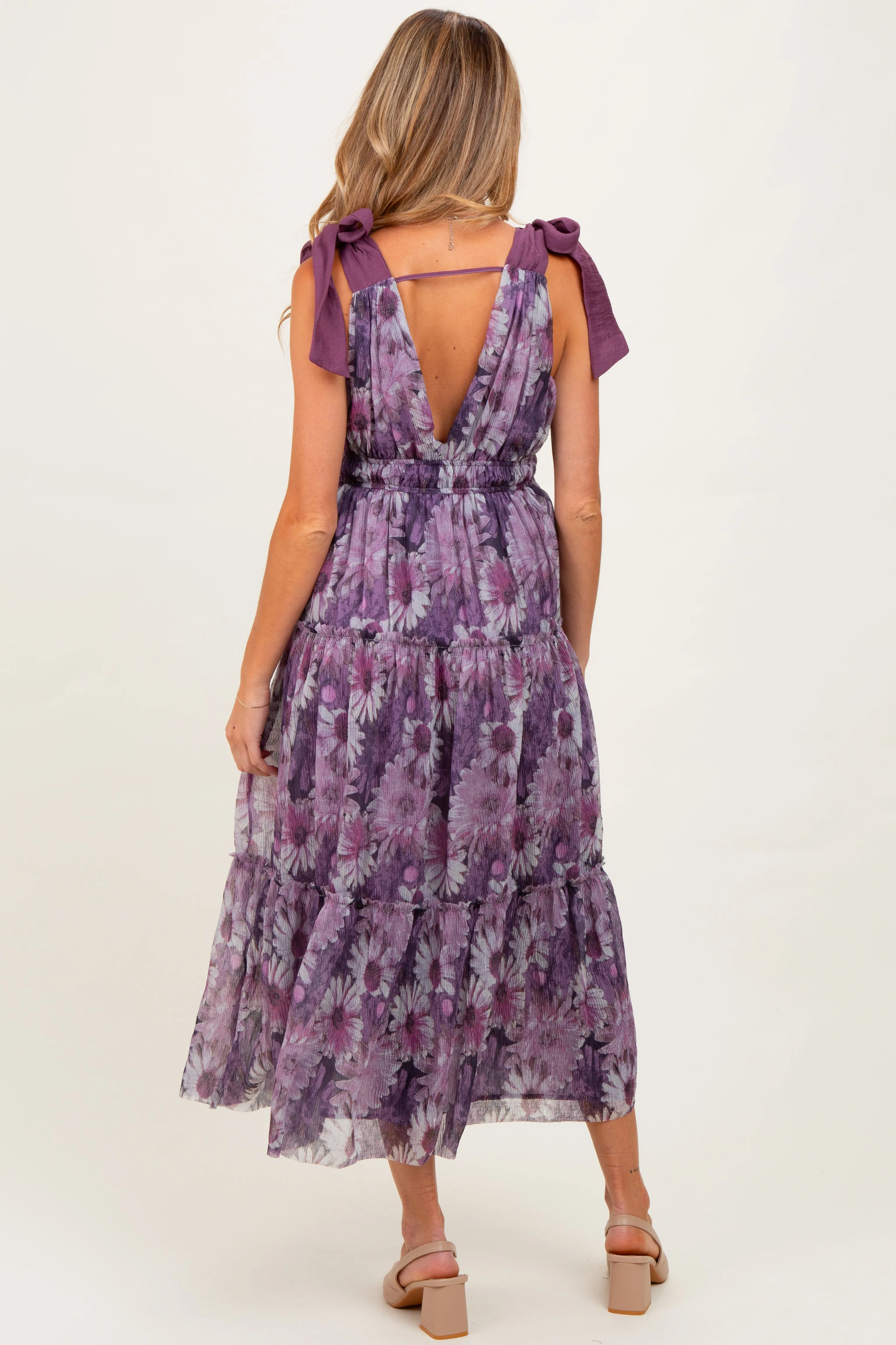 Purple Floral Mesh Deep V-Neck Shoulder Tie Maternity Maxi Dress sold by Pinkblush product image thumbnail 3