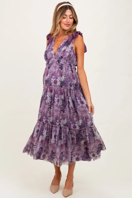 Purple Floral Mesh Deep V-Neck Shoulder Tie Maternity Maxi Dress sold by Pinkblush