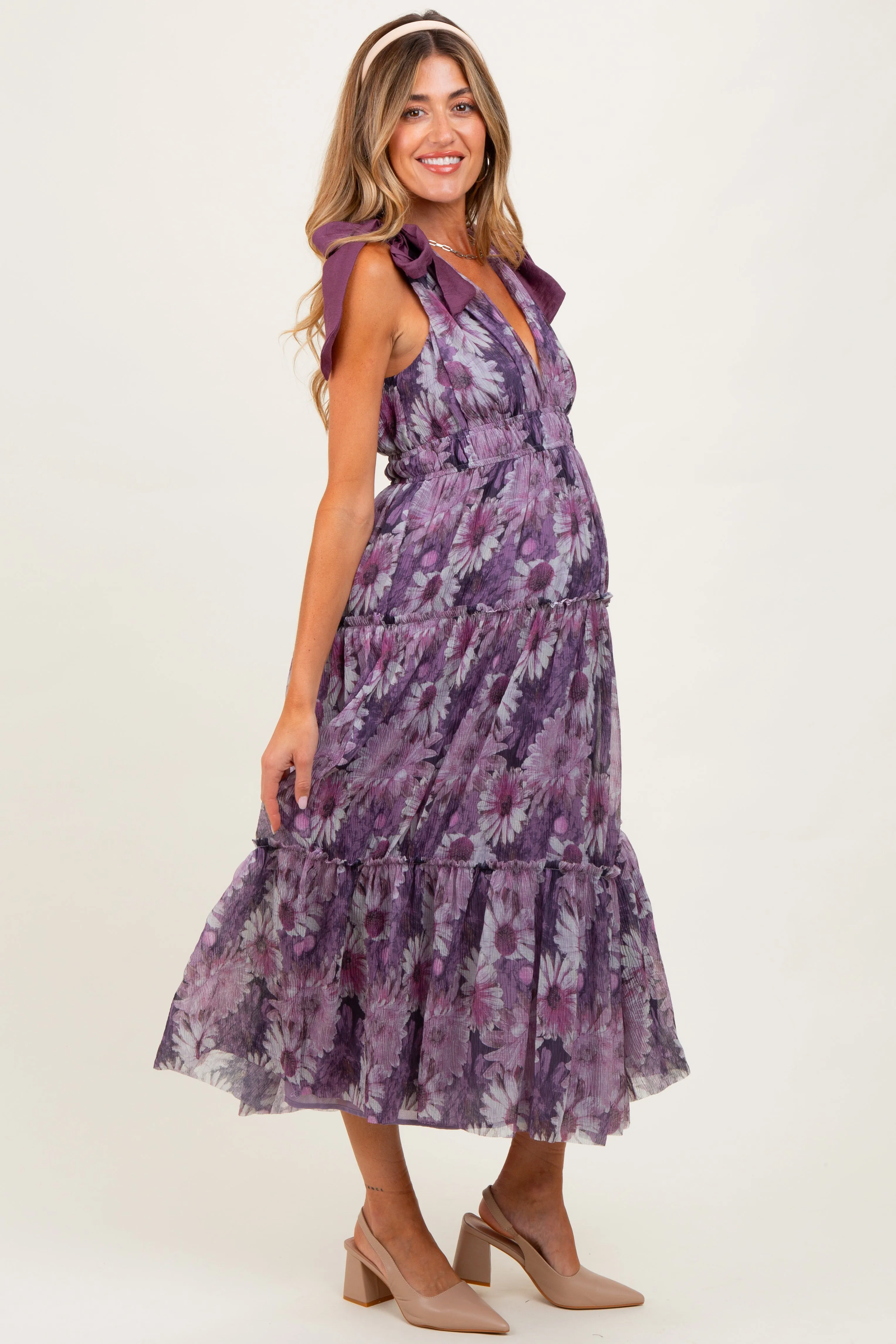 Purple Floral Mesh Deep V-Neck Shoulder Tie Maternity Maxi Dress sold by Pinkblush product image thumbnail 2