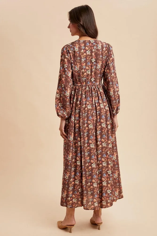 Mocha Floral Cinched Bust 3/4 Sleeve Maxi Dress sold by Pinkblush product image thumbnail 5