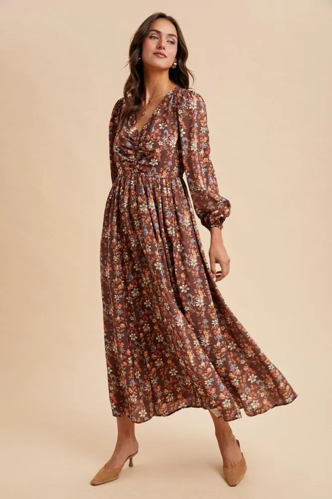 Mocha Floral Cinched Bust 3/4 Sleeve Maxi Dress sold by Pinkblush product image thumbnail 2