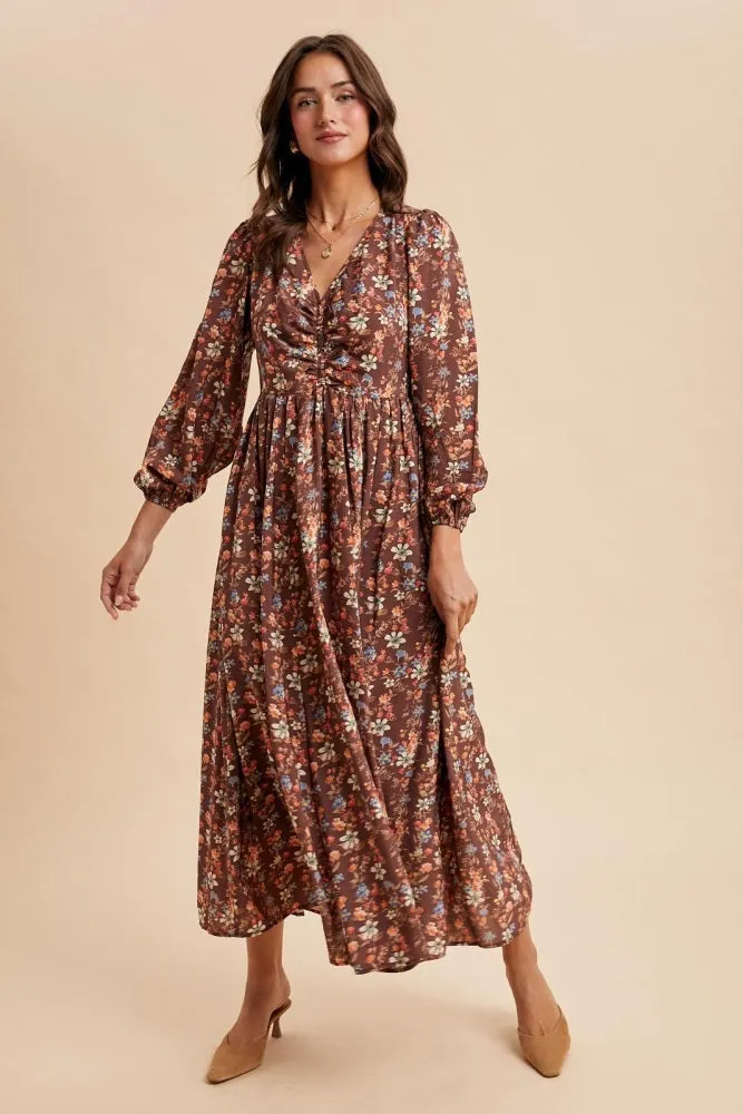 Mocha Floral Cinched Bust 3/4 Sleeve Maxi Dress sold by Pinkblush product image thumbnail 3