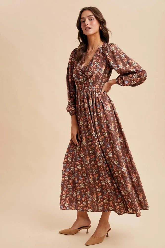 Mocha Floral Cinched Bust 3/4 Sleeve Maxi Dress sold by Pinkblush product image thumbnail 4