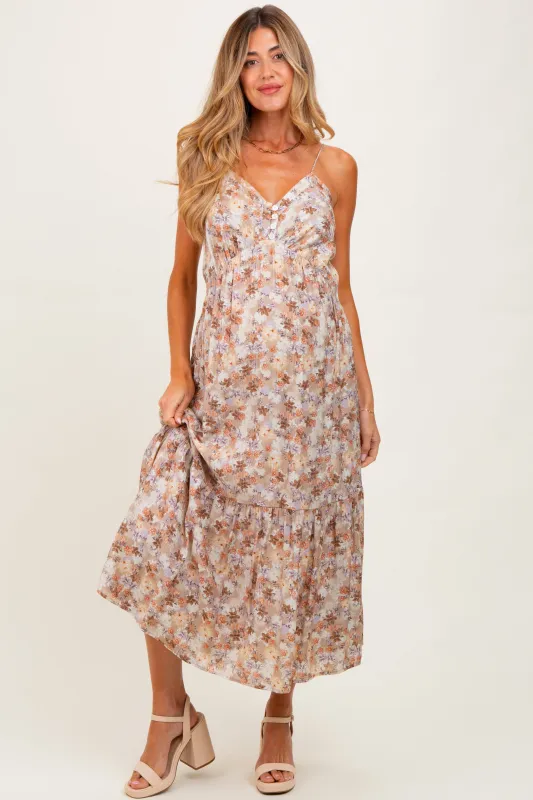 Taupe Floral Front Button Sleeveless Maternity Midi Dress sold by Pinkblush