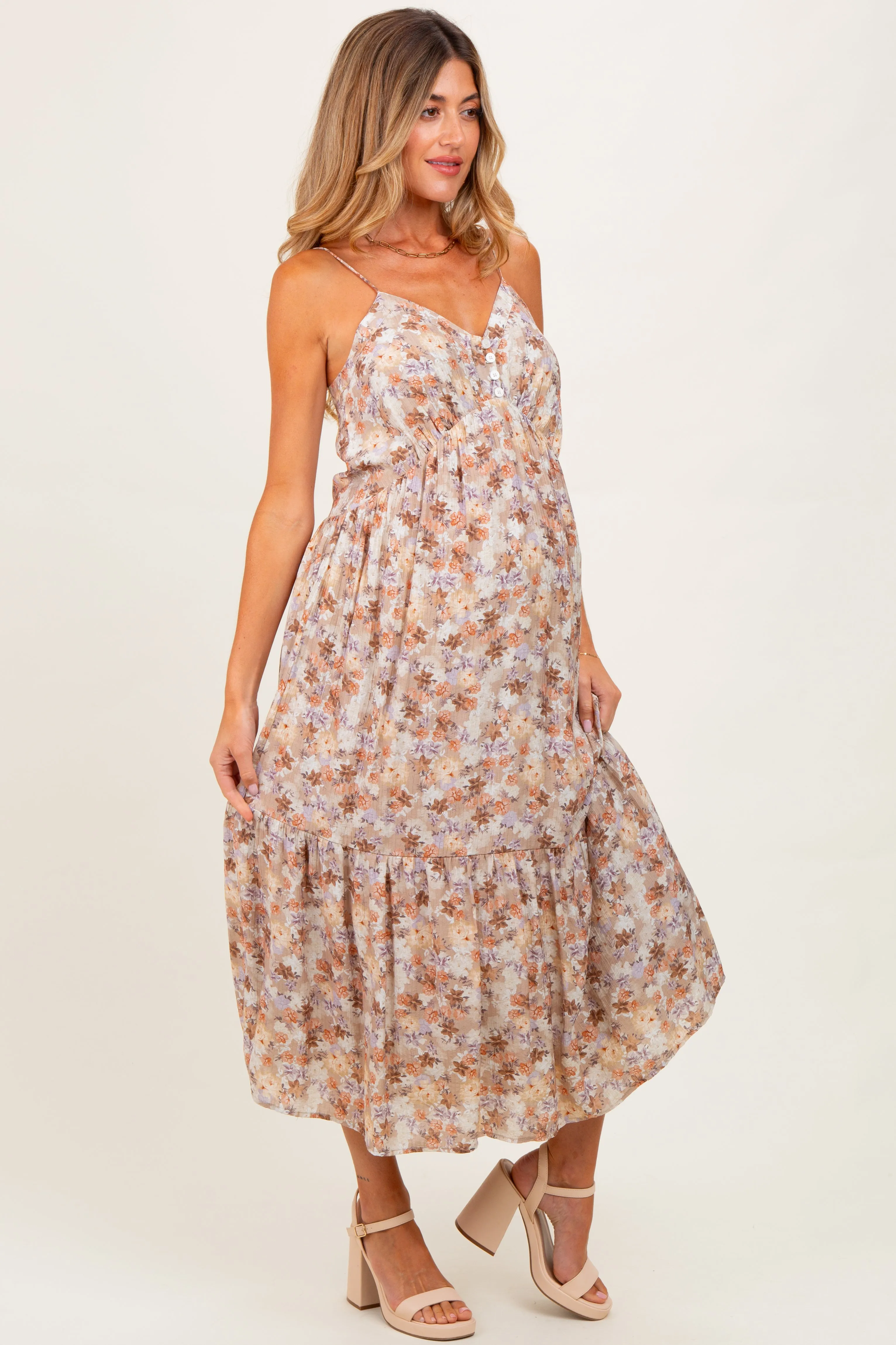Taupe Floral Front Button Sleeveless Maternity Midi Dress sold by Pinkblush product image thumbnail 2