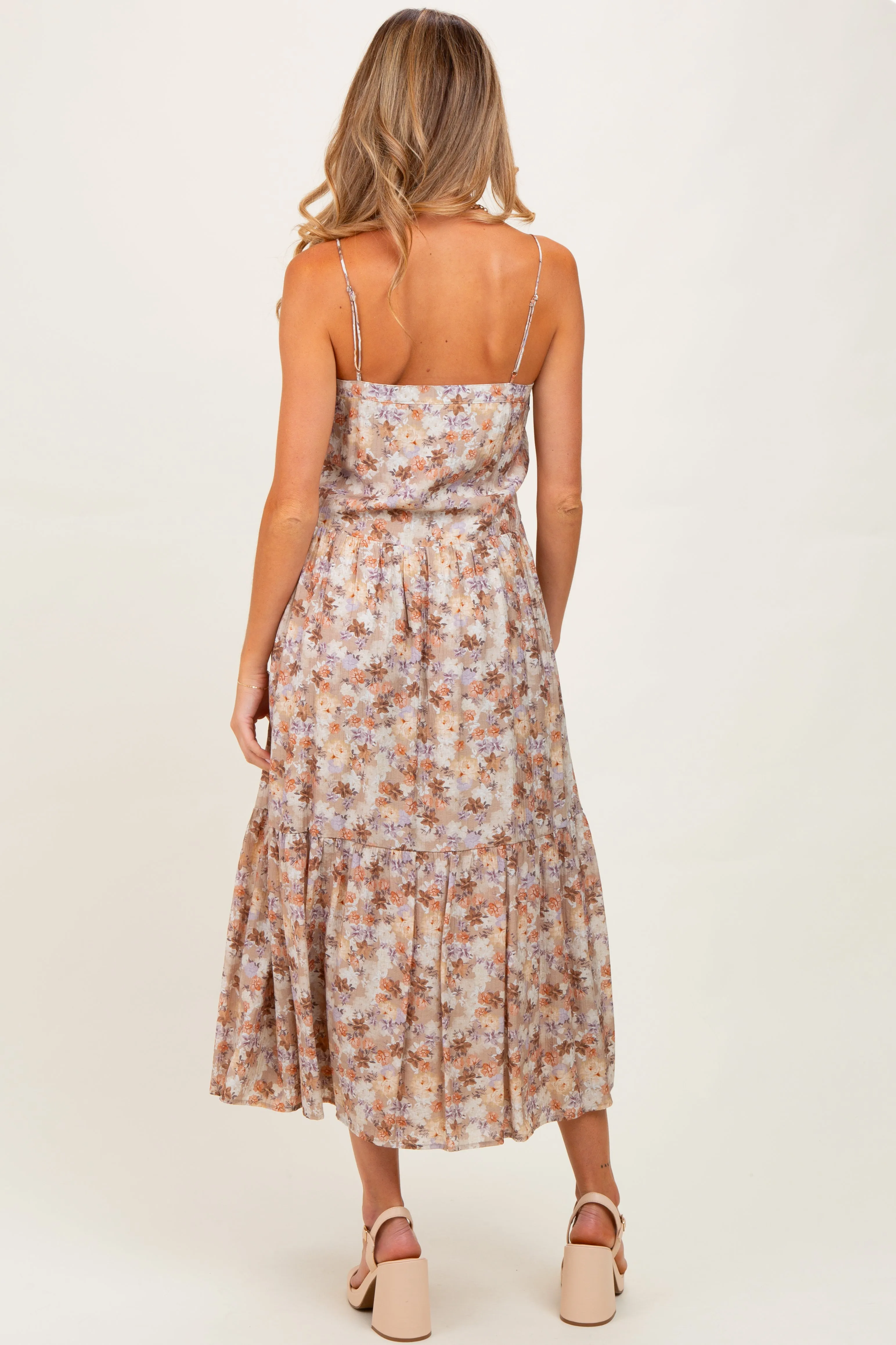 Taupe Floral Front Button Sleeveless Maternity Midi Dress sold by Pinkblush product image thumbnail 3