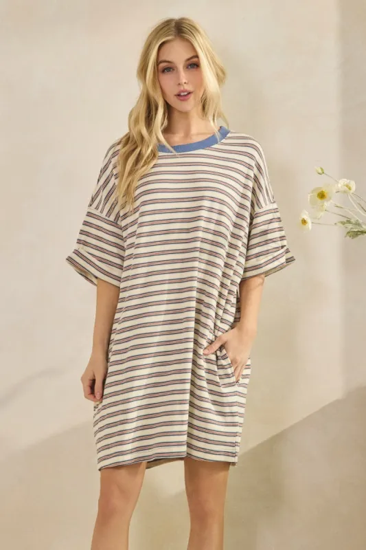 Cream Stripe Knit Short Sleeve T-Shirt Dress sold by Pinkblush