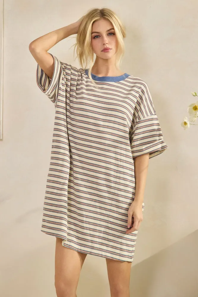 Cream Stripe Knit Short Sleeve T-Shirt Dress sold by Pinkblush product image thumbnail 2