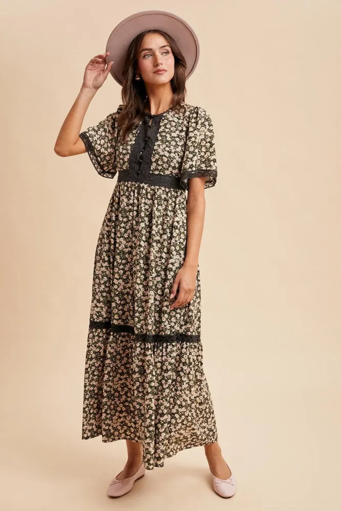 Black Rose Floral Lace Inset Button Up Maxi Dress sold by Pinkblush