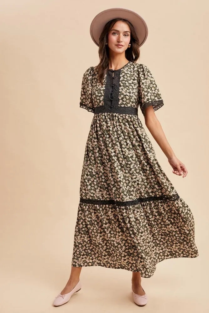 Black Rose Floral Lace Inset Button Up Maxi Dress sold by Pinkblush product image thumbnail 2