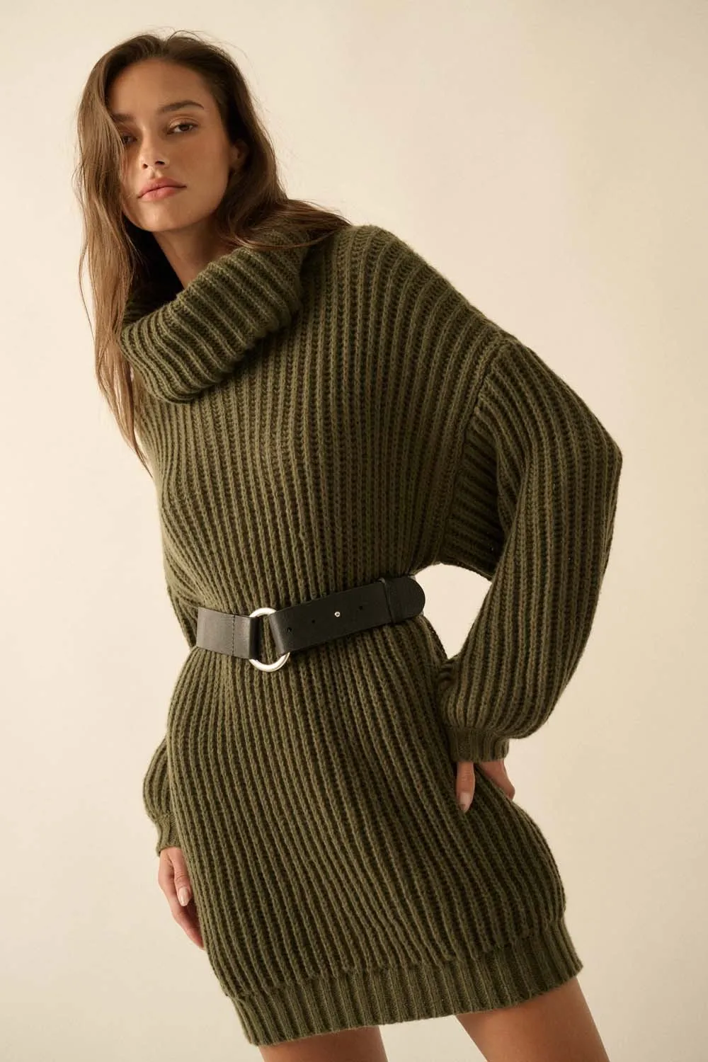 Olive Turtleneck Puff Sleeve Sweater Dress sold by Pinkblush