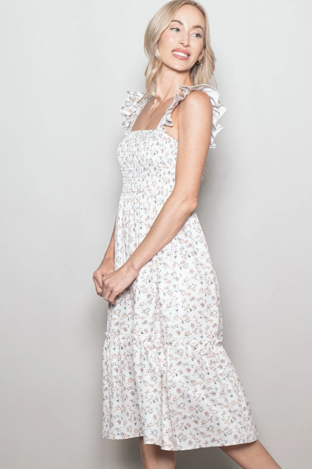 Ivory Floral Smocked Ruffle Strap Midi Dress sold by Pinkblush product image thumbnail 2