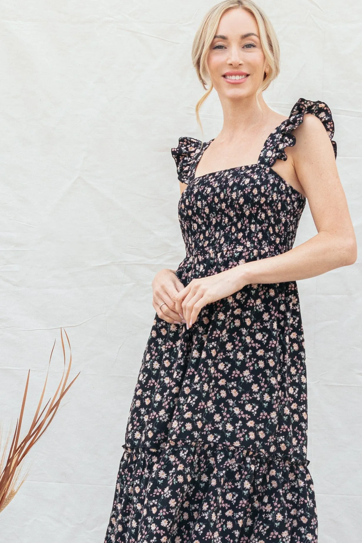Black Floral Smocked Ruffle Strap Midi Dress sold by Pinkblush product image thumbnail 3