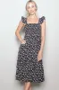 Black Floral Smocked Ruffle Strap Midi Dress sold by Pinkblush