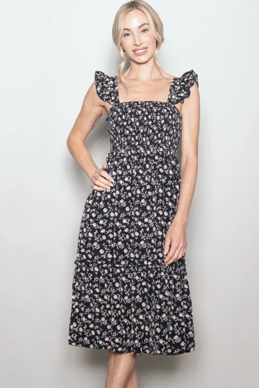 Black Floral Smocked Ruffle Strap Midi Dress sold by Pinkblush