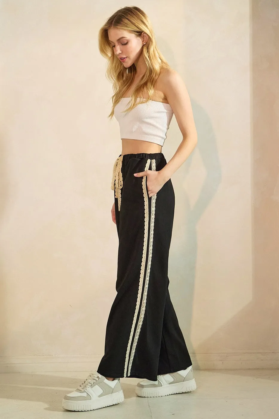 Black Lace Stripe Drawstring Lounge Pants sold by Pinkblush product image thumbnail 2