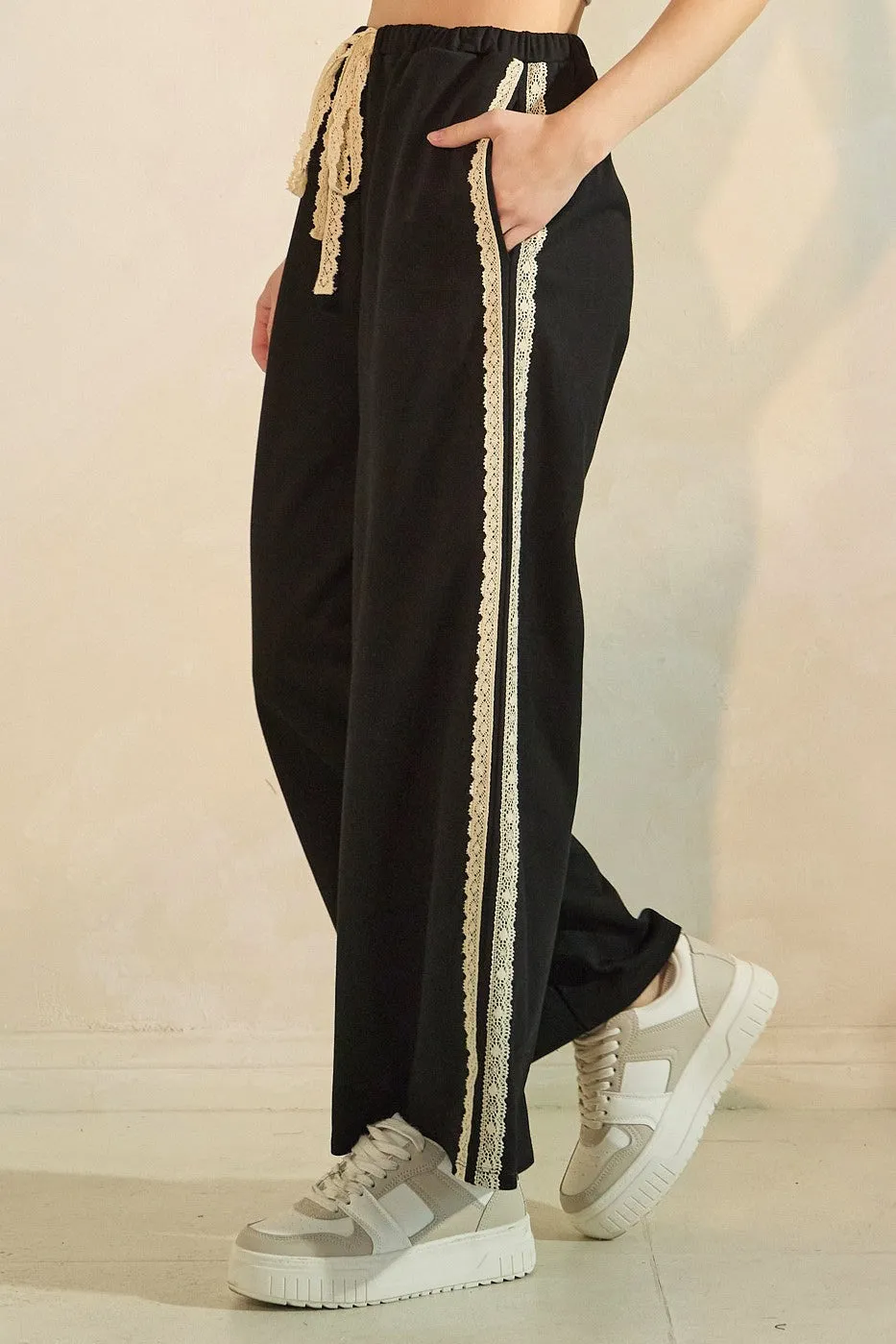 Black Lace Stripe Drawstring Lounge Pants sold by Pinkblush product image thumbnail 3