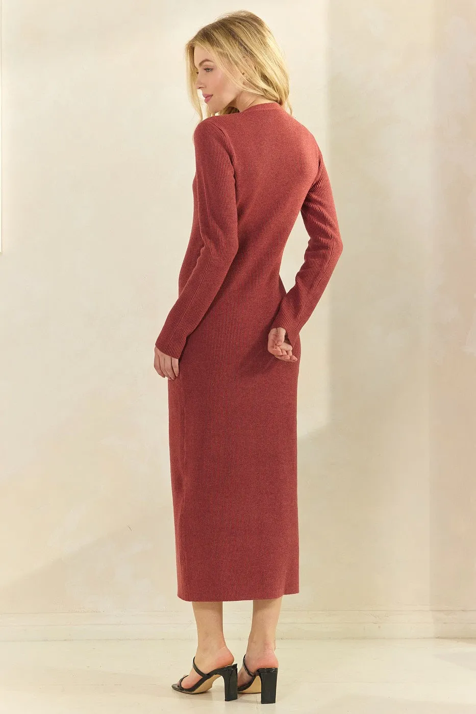 Rust Ribbed Knit Button Down Long Sleeve Midi Dress sold by Pinkblush product image thumbnail 3