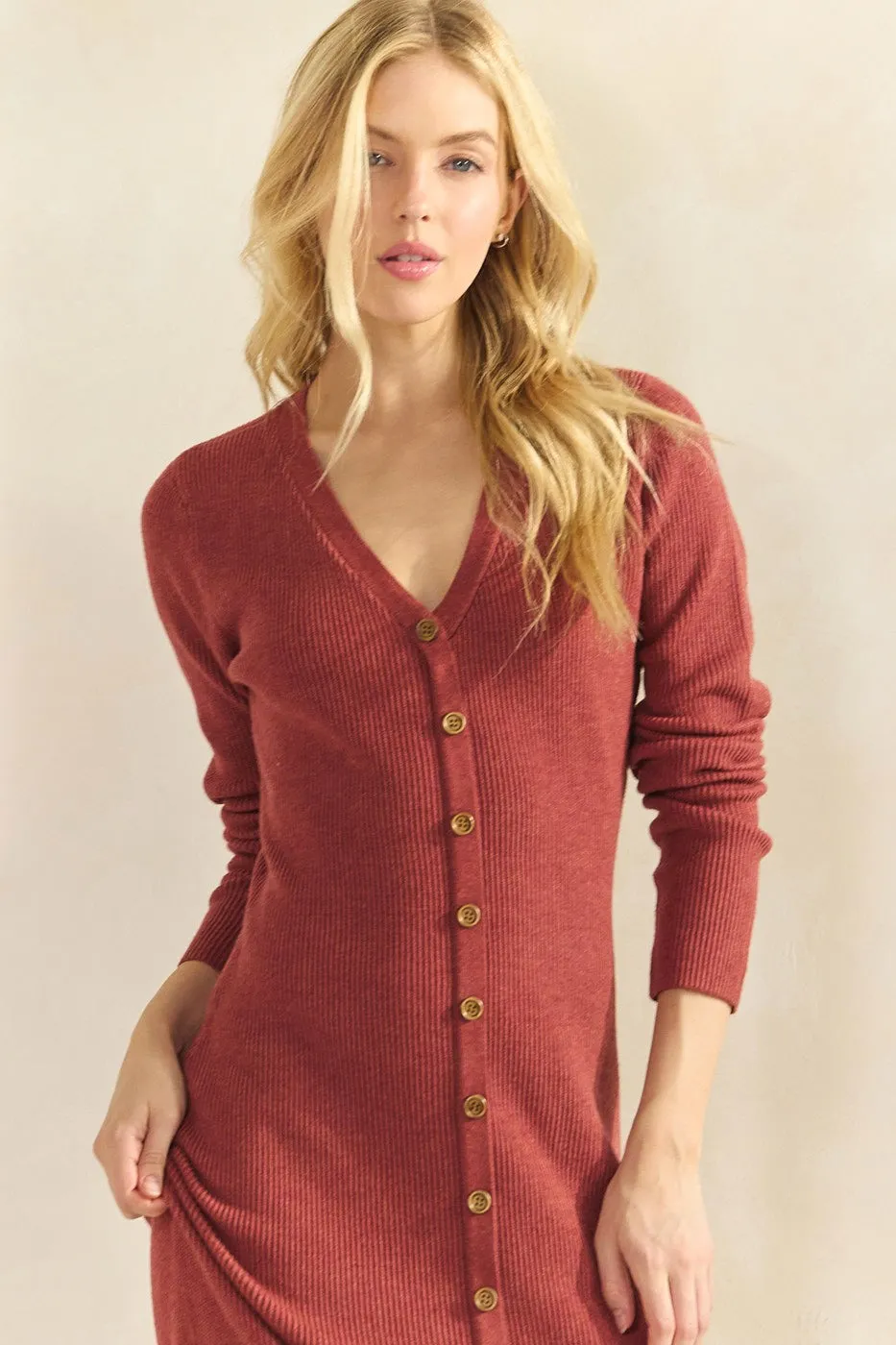 Rust Ribbed Knit Button Down Long Sleeve Midi Dress sold by Pinkblush product image thumbnail 4