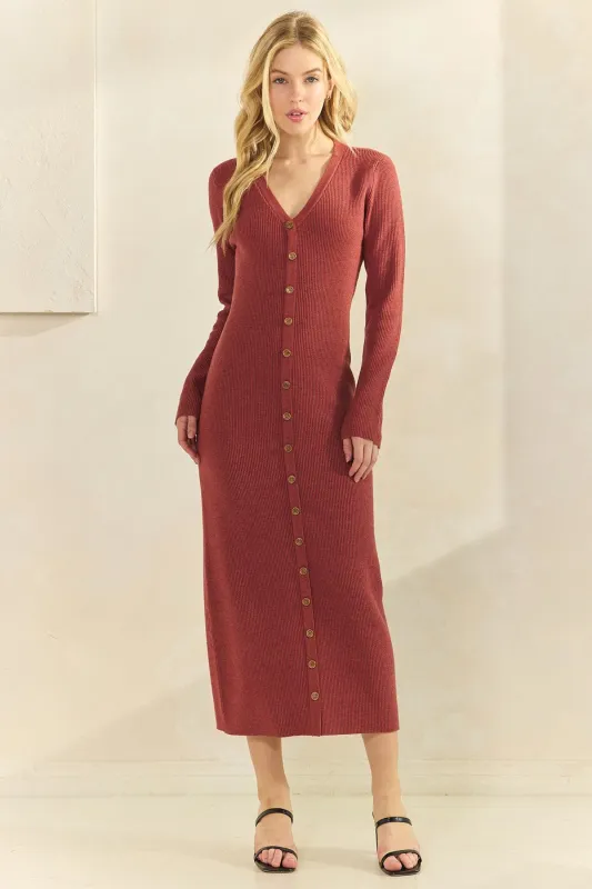 Rust Ribbed Knit Button Down Long Sleeve Midi Dress sold by Pinkblush