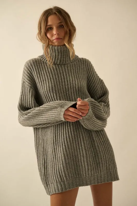 Grey Turtleneck Puff Sleeve Sweater Dress sold by Pinkblush