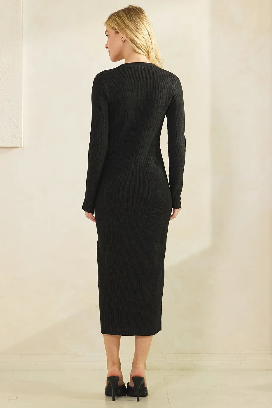 Black Ribbed Knit Button Down Long Sleeve Midi Dress sold by Pinkblush product image thumbnail 4