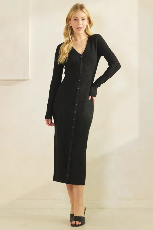 Black Ribbed Knit Button Down Long Sleeve Midi Dress sold by Pinkblush