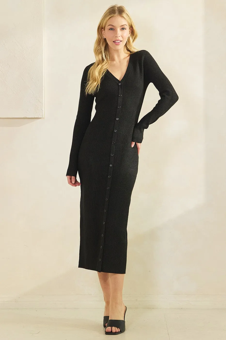 Black Ribbed Knit Button Down Long Sleeve Midi Dress sold by Pinkblush