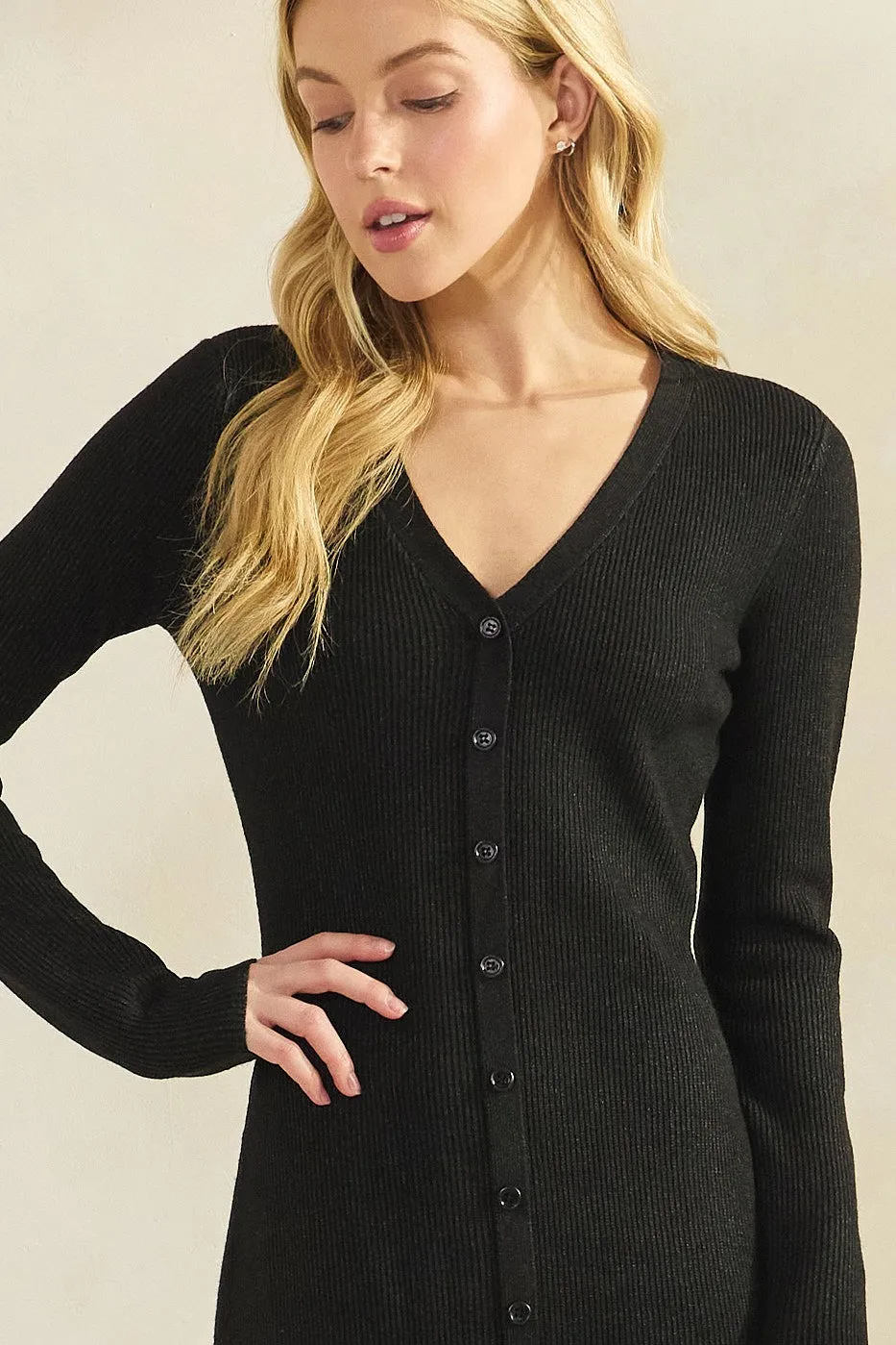 Black Ribbed Knit Button Down Long Sleeve Midi Dress sold by Pinkblush product image thumbnail 5