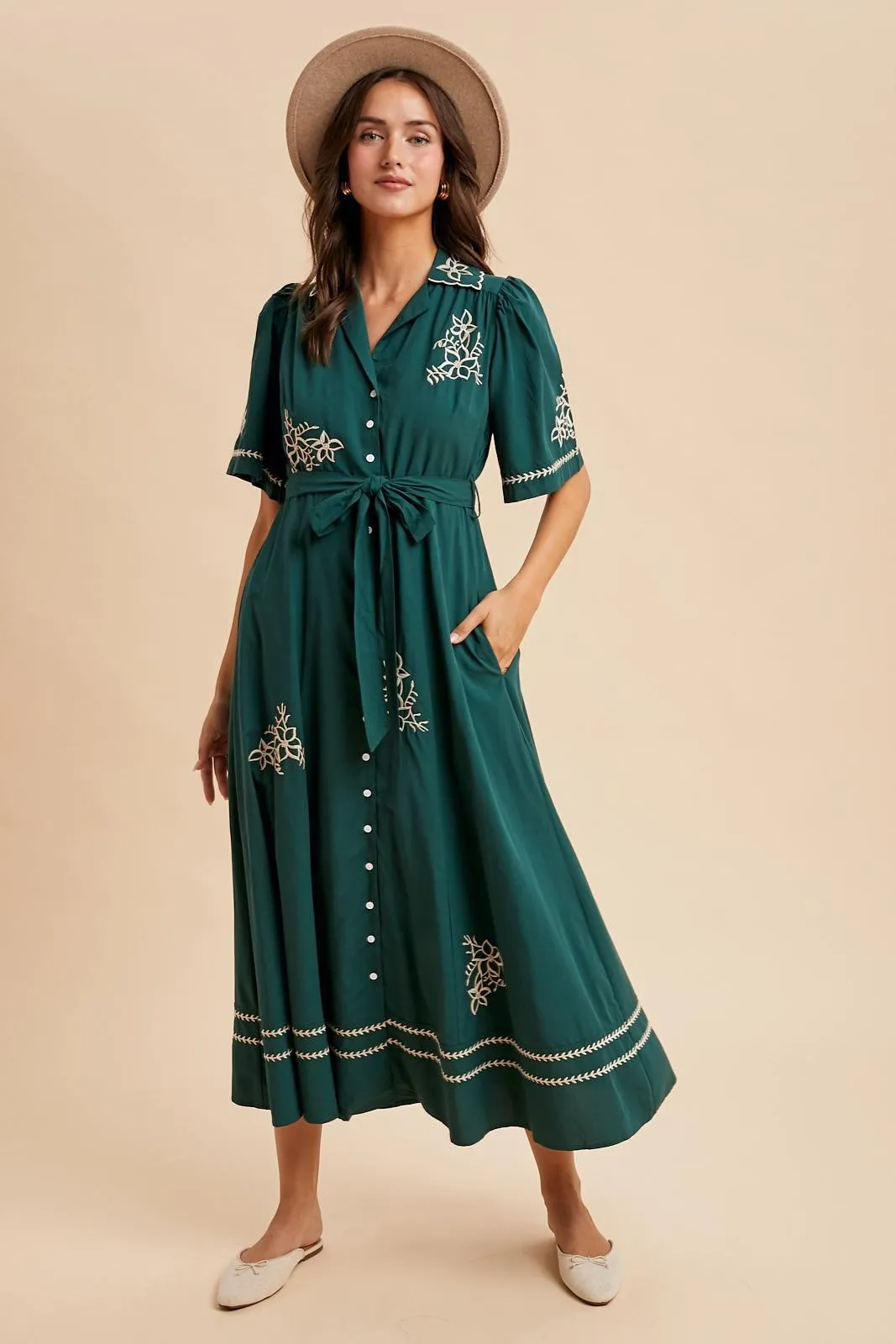 Emerald Embroidered Button Down Maxi Dress sold by Pinkblush