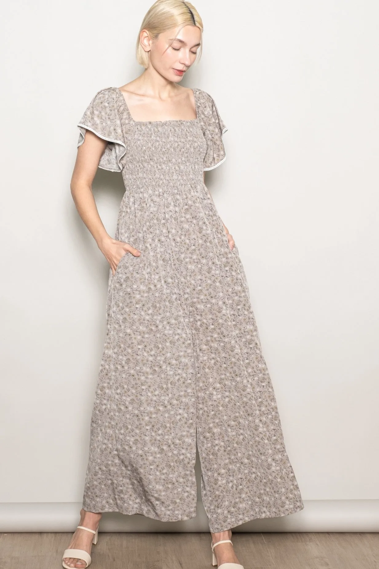 Light Taupe Floral Smocked Lace Trim Wide Leg Jumpsuit sold by Pinkblush