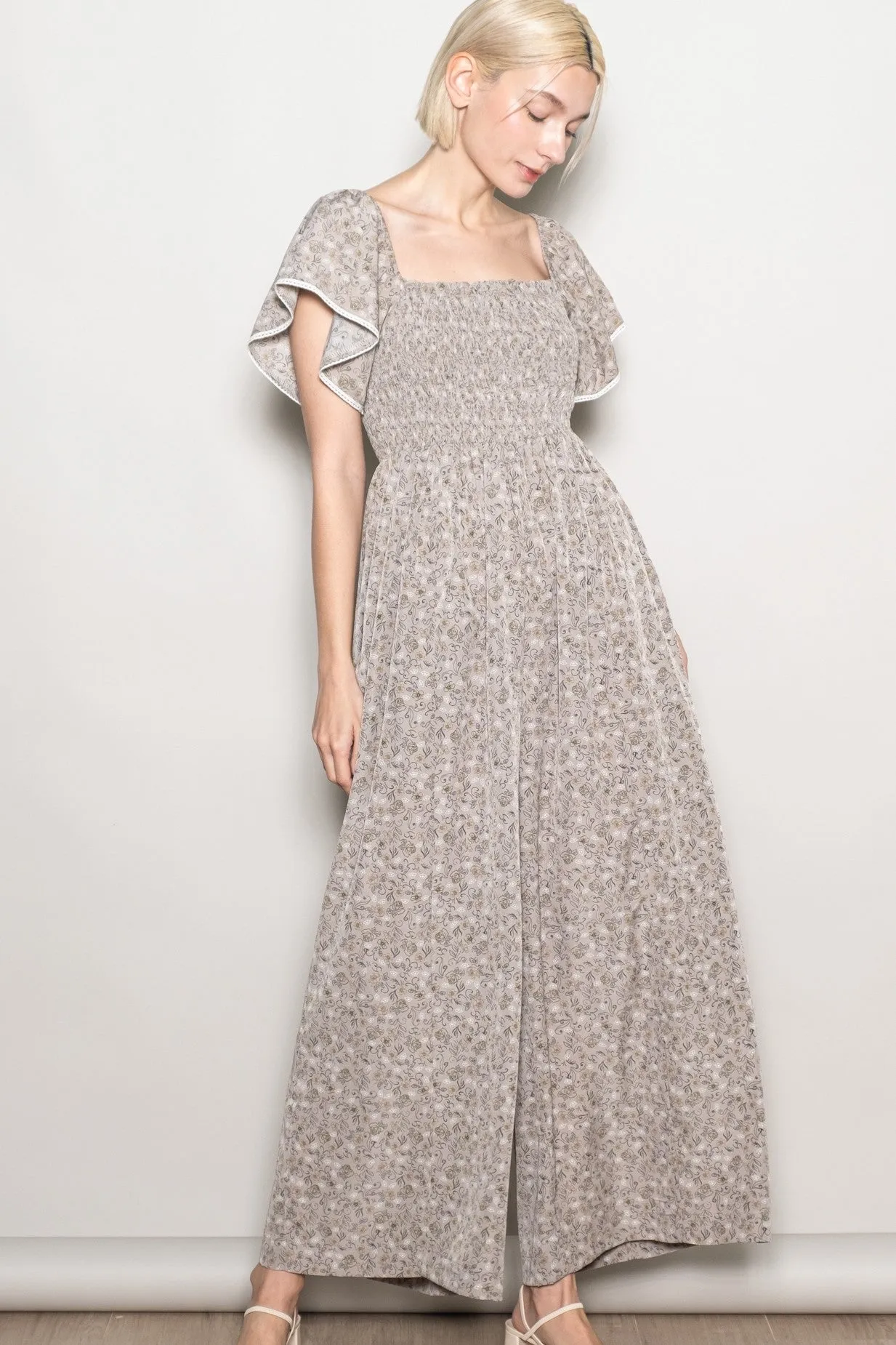 Light Taupe Floral Smocked Lace Trim Wide Leg Jumpsuit sold by Pinkblush product image thumbnail 2