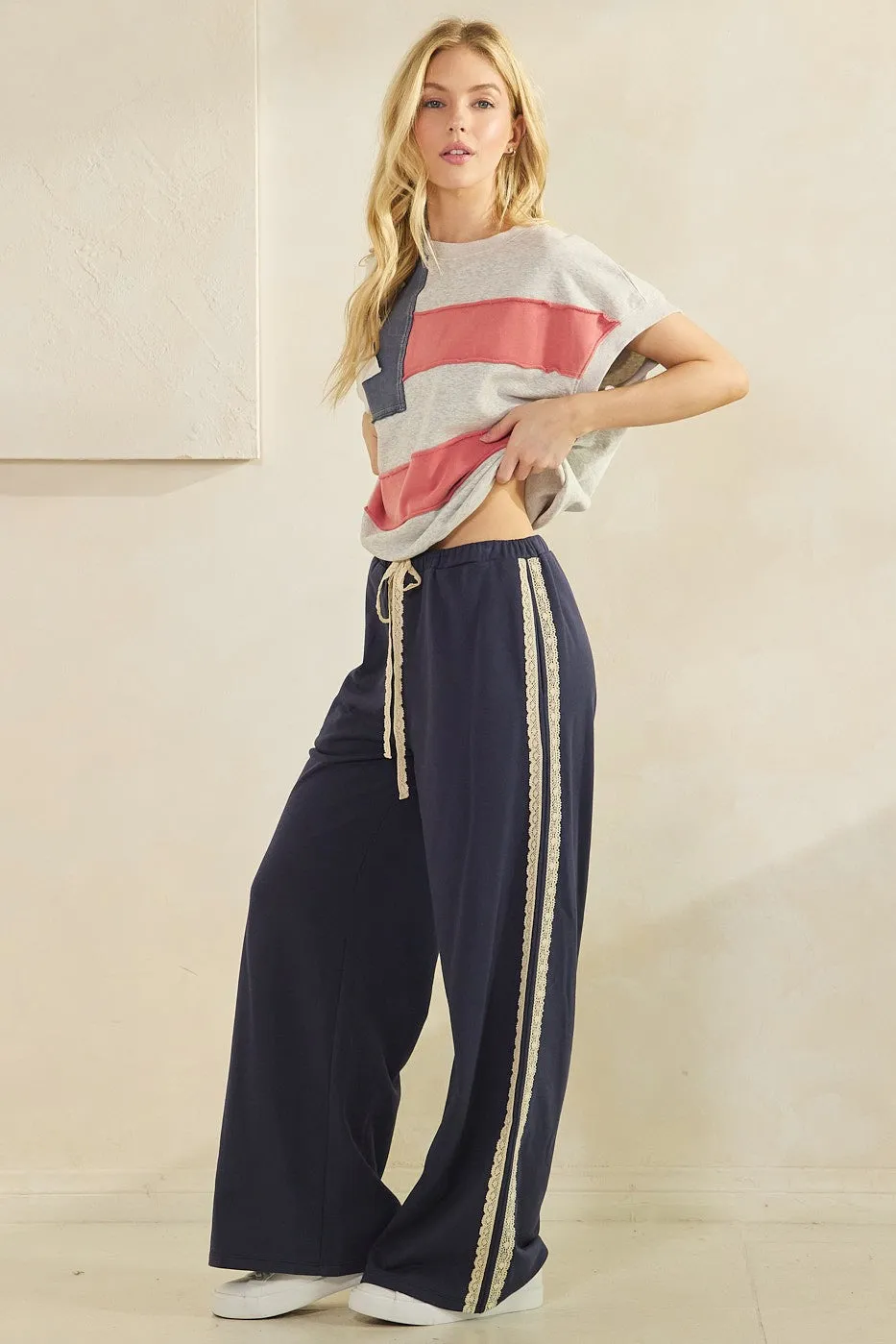 Navy Lace Stripe Drawstring Lounge Pants sold by Pinkblush