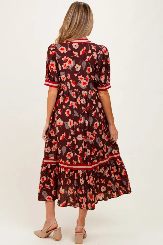 Brown Floral Contrast Trim Maternity Midi Dress sold by Pinkblush product image thumbnail 3