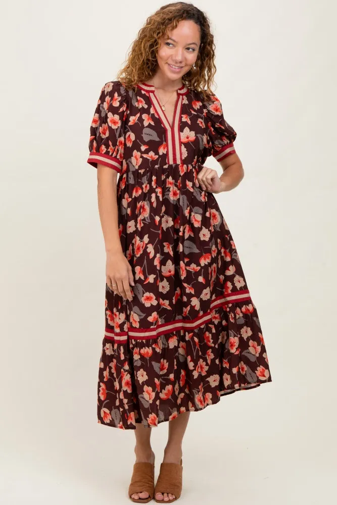 Brown Floral Contrast Trim Maternity Midi Dress sold by Pinkblush product image thumbnail 4