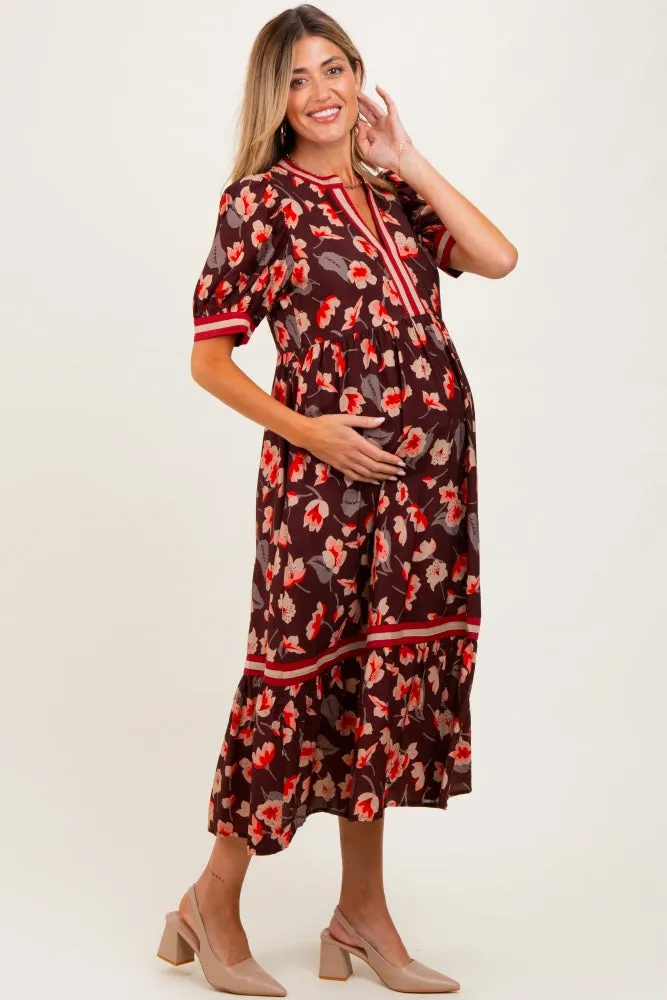 Brown Floral Contrast Trim Maternity Midi Dress sold by Pinkblush product image thumbnail 2