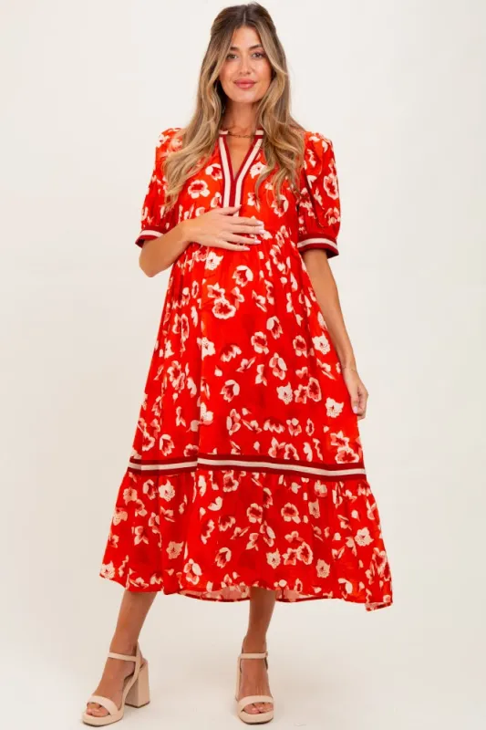 Red Floral Contrast Trim Maternity Midi Dress sold by Pinkblush
