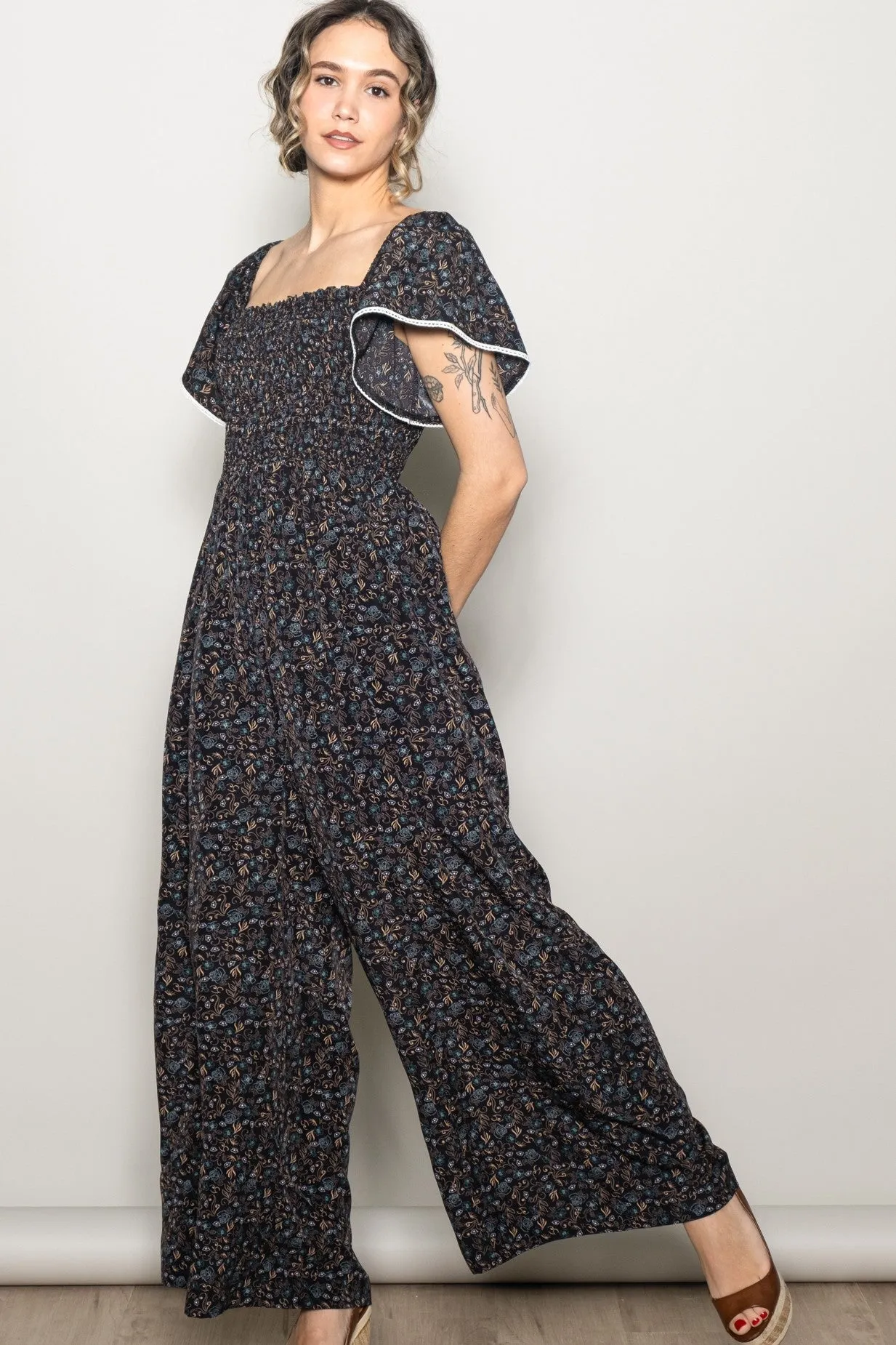 Black Floral Smocked Lace Trim Wide Leg Jumpsuit sold by Pinkblush product image thumbnail 2