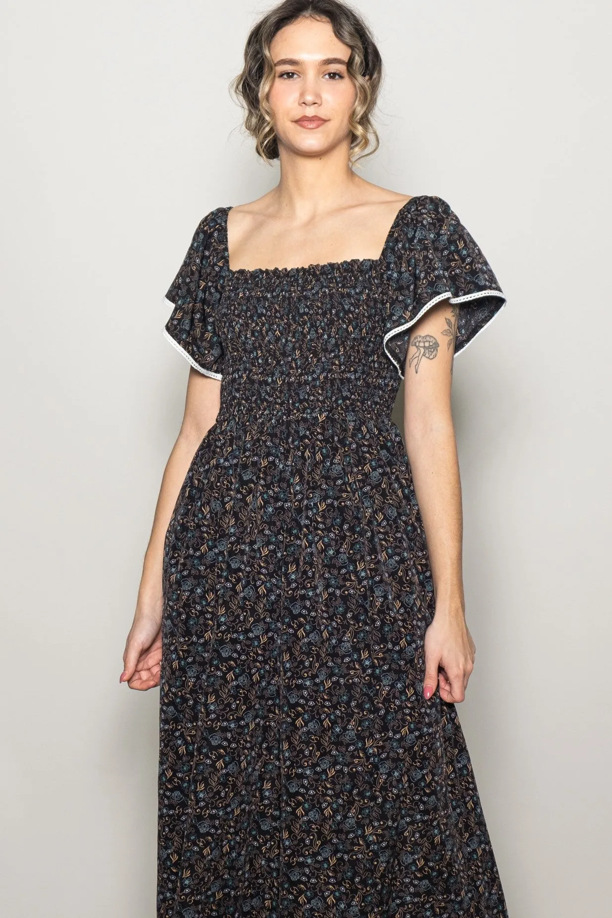 Black Floral Smocked Lace Trim Wide Leg Jumpsuit sold by Pinkblush product image thumbnail 3