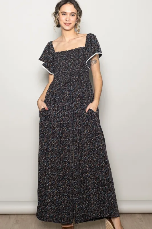 Black Floral Smocked Lace Trim Wide Leg Jumpsuit sold by Pinkblush
