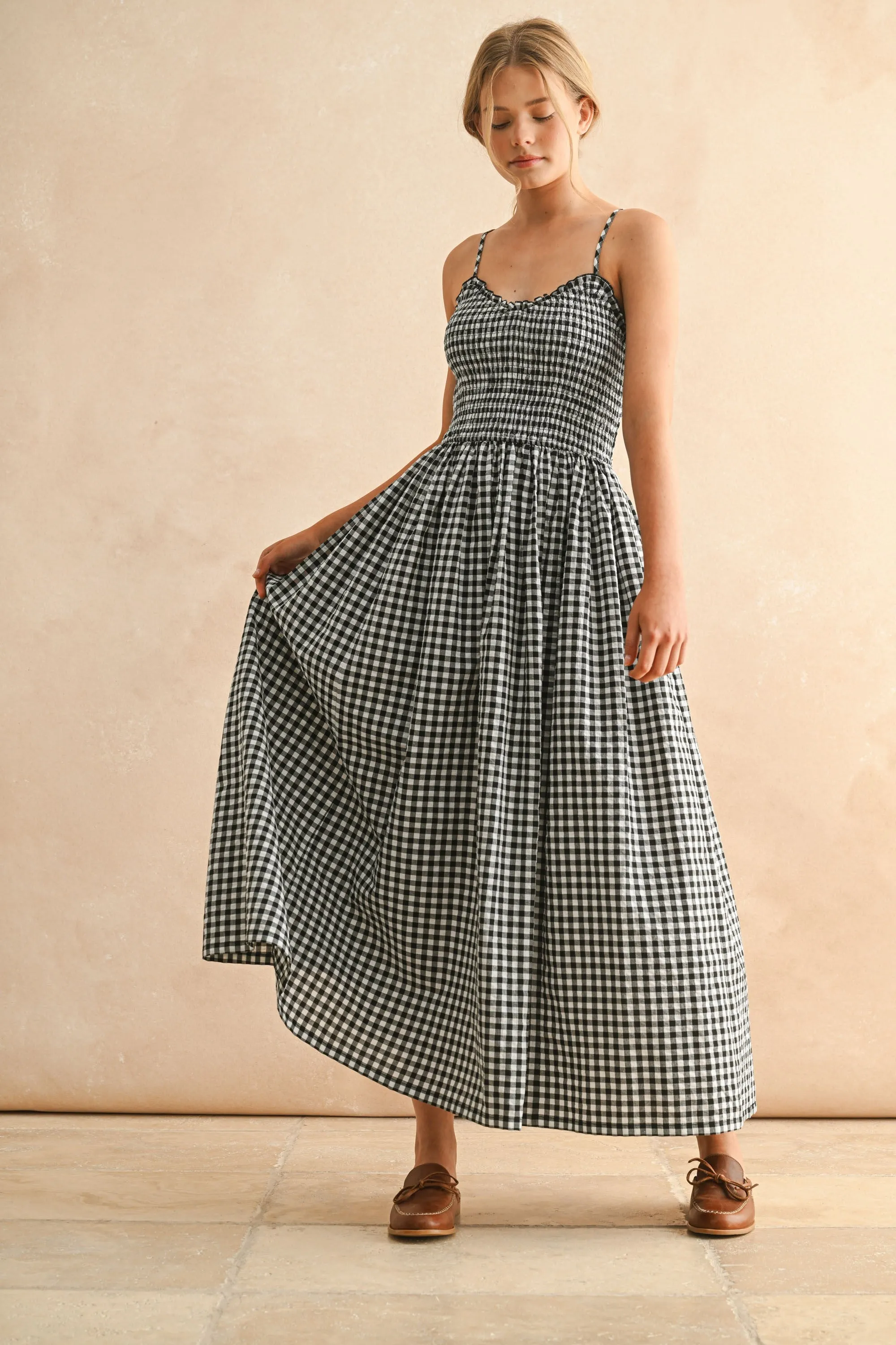 Black Gingham Smocked Ruffle Accent Maternity Maxi Dress sold by Pinkblush product image thumbnail 4