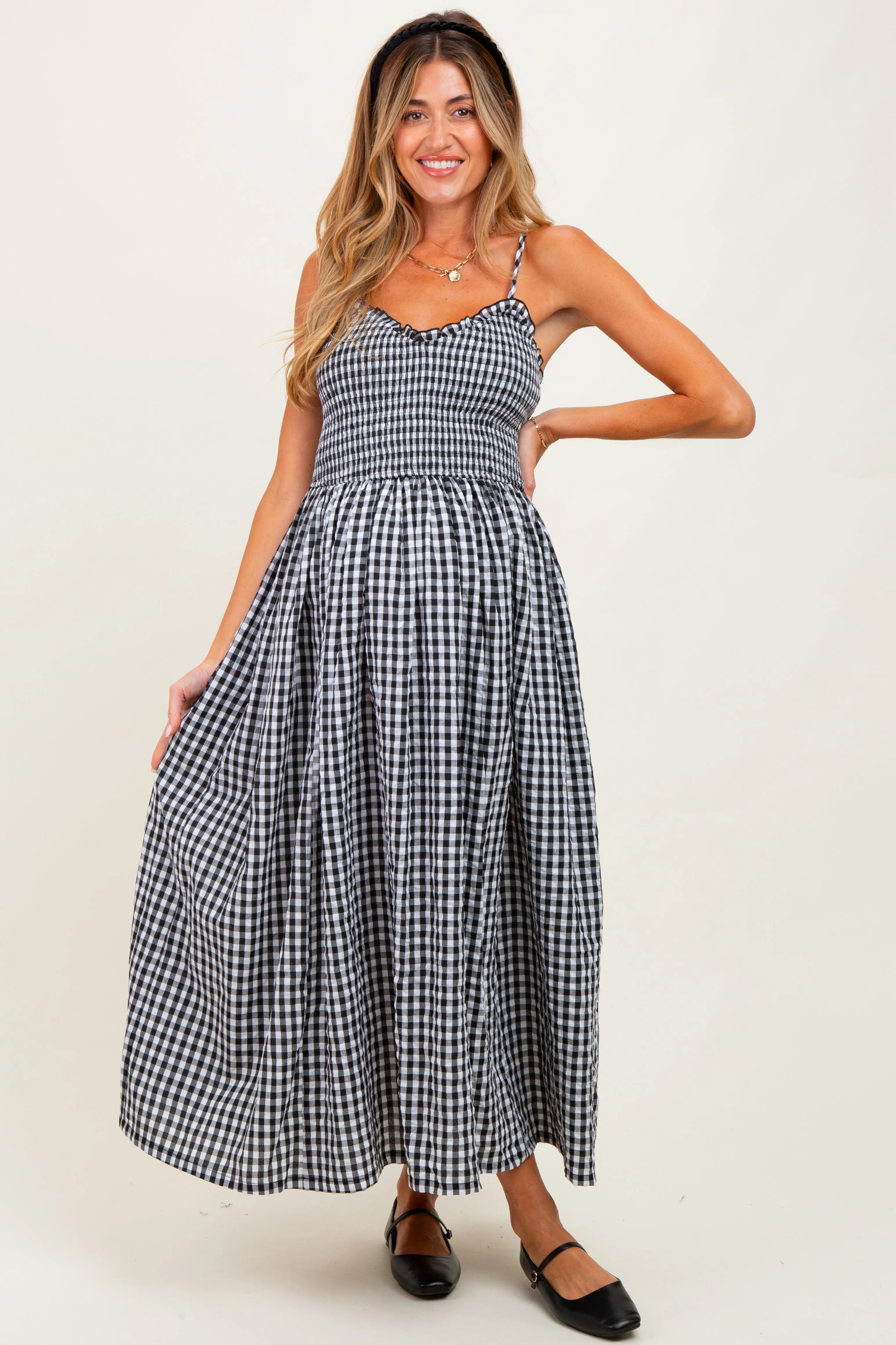 Black Gingham Smocked Ruffle Accent Maternity Maxi Dress sold by Pinkblush