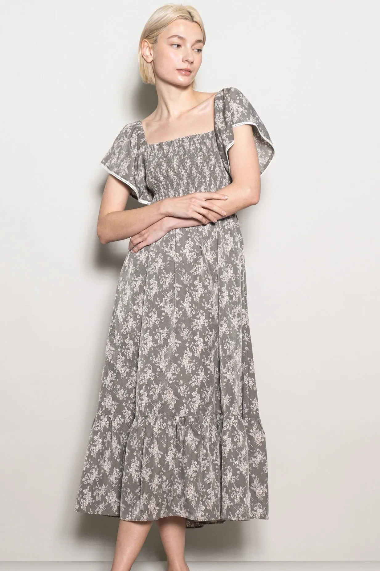 Olive Floral Smocked Lace Trim Flutter Sleeve Midi Dress sold by Pinkblush product image thumbnail 2
