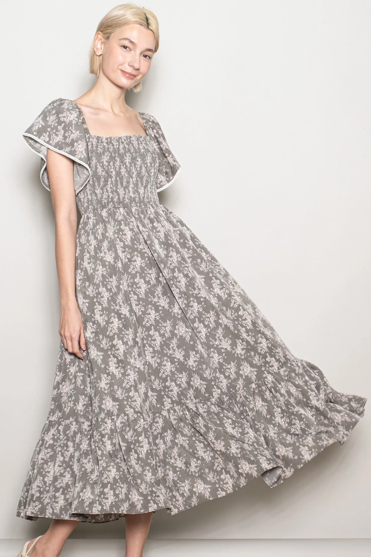 Olive Floral Smocked Lace Trim Flutter Sleeve Midi Dress sold by Pinkblush