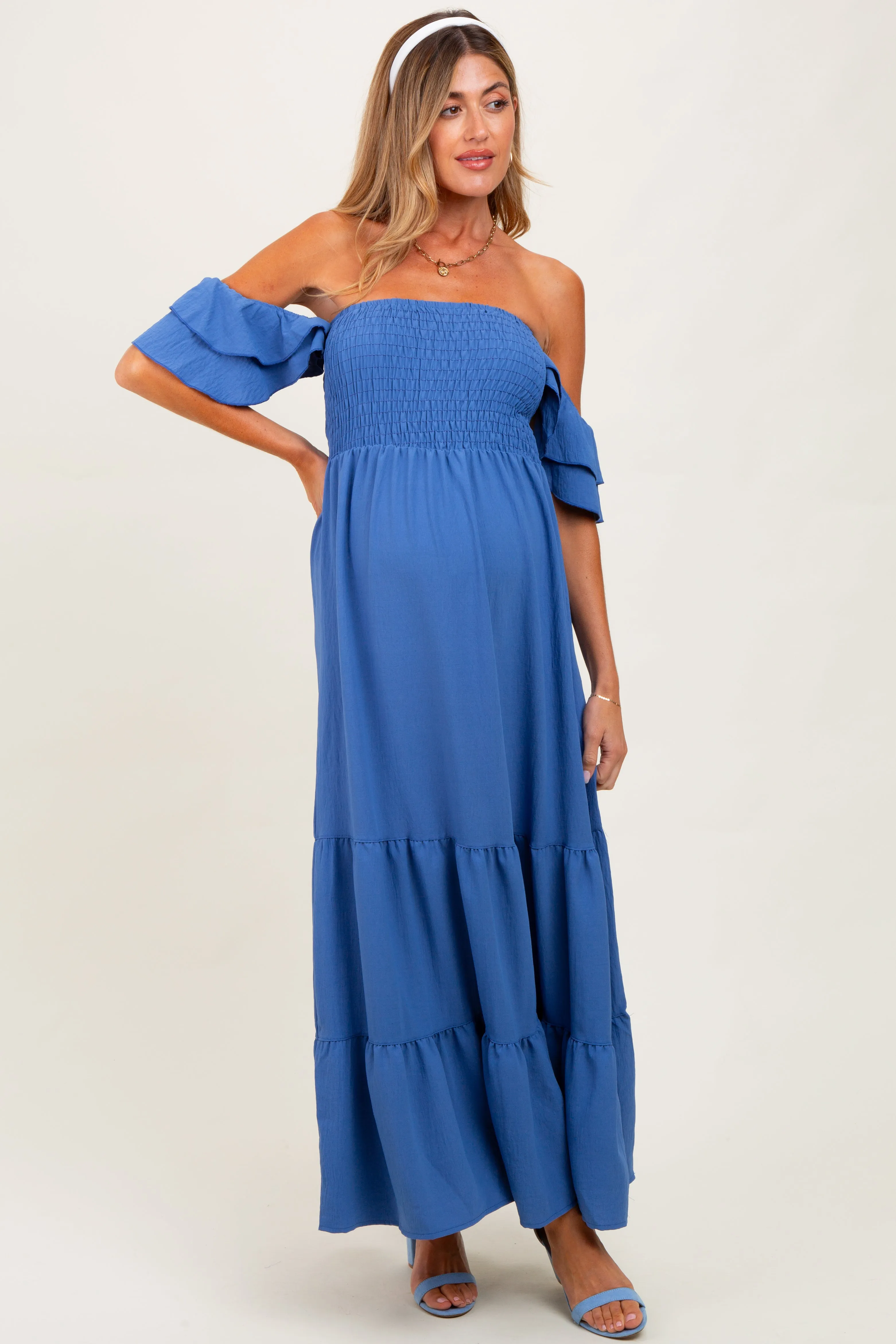 Blue Ruffle Tiered Maternity Maxi Dress sold by Pinkblush product image thumbnail 2