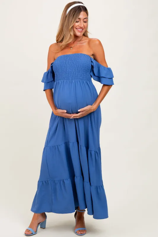 Blue Ruffle Tiered Maternity Maxi Dress sold by Pinkblush
