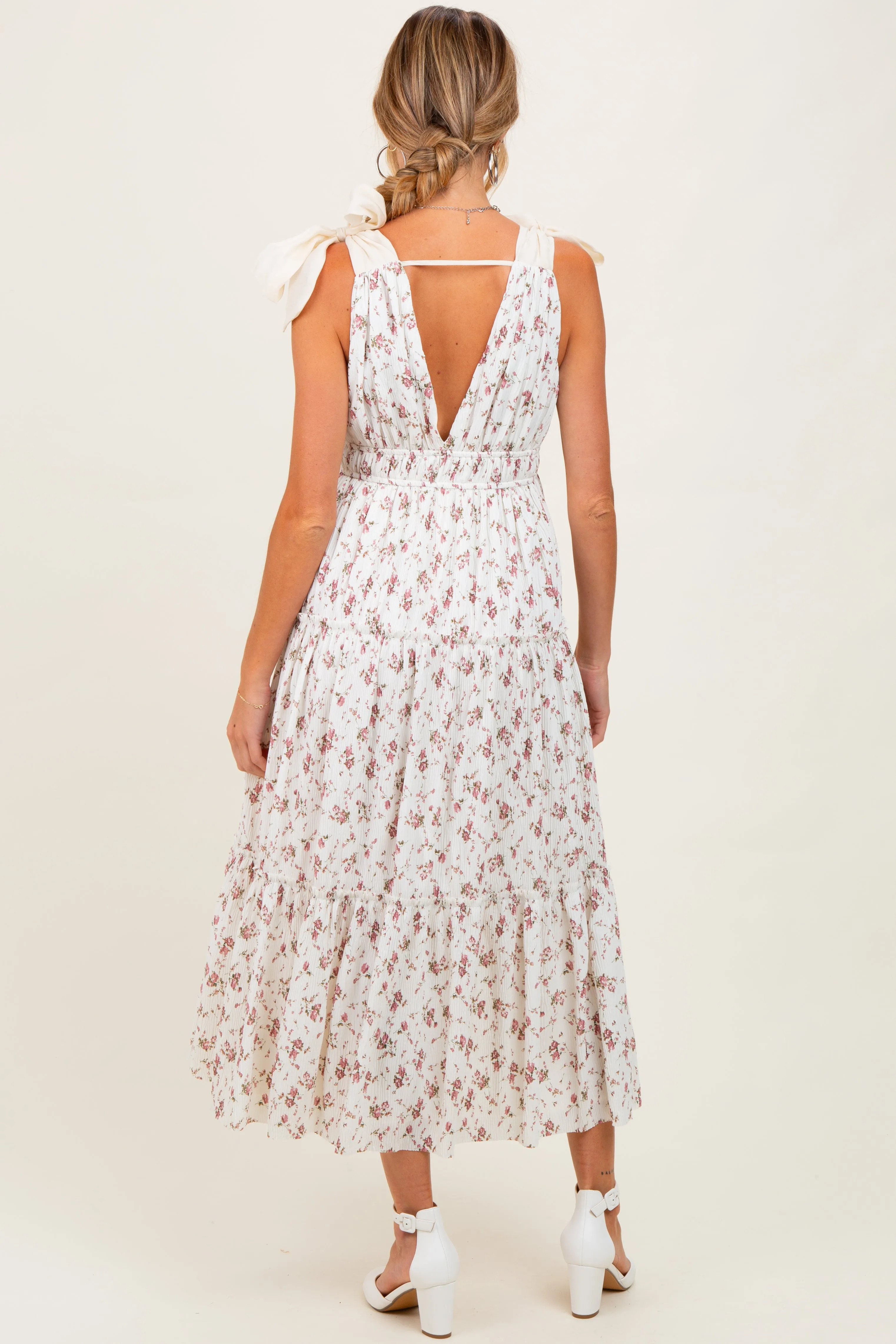 Ivory Floral Deep V-Neck Shoulder Tie Maternity Midi Dress sold by Pinkblush product image thumbnail 4