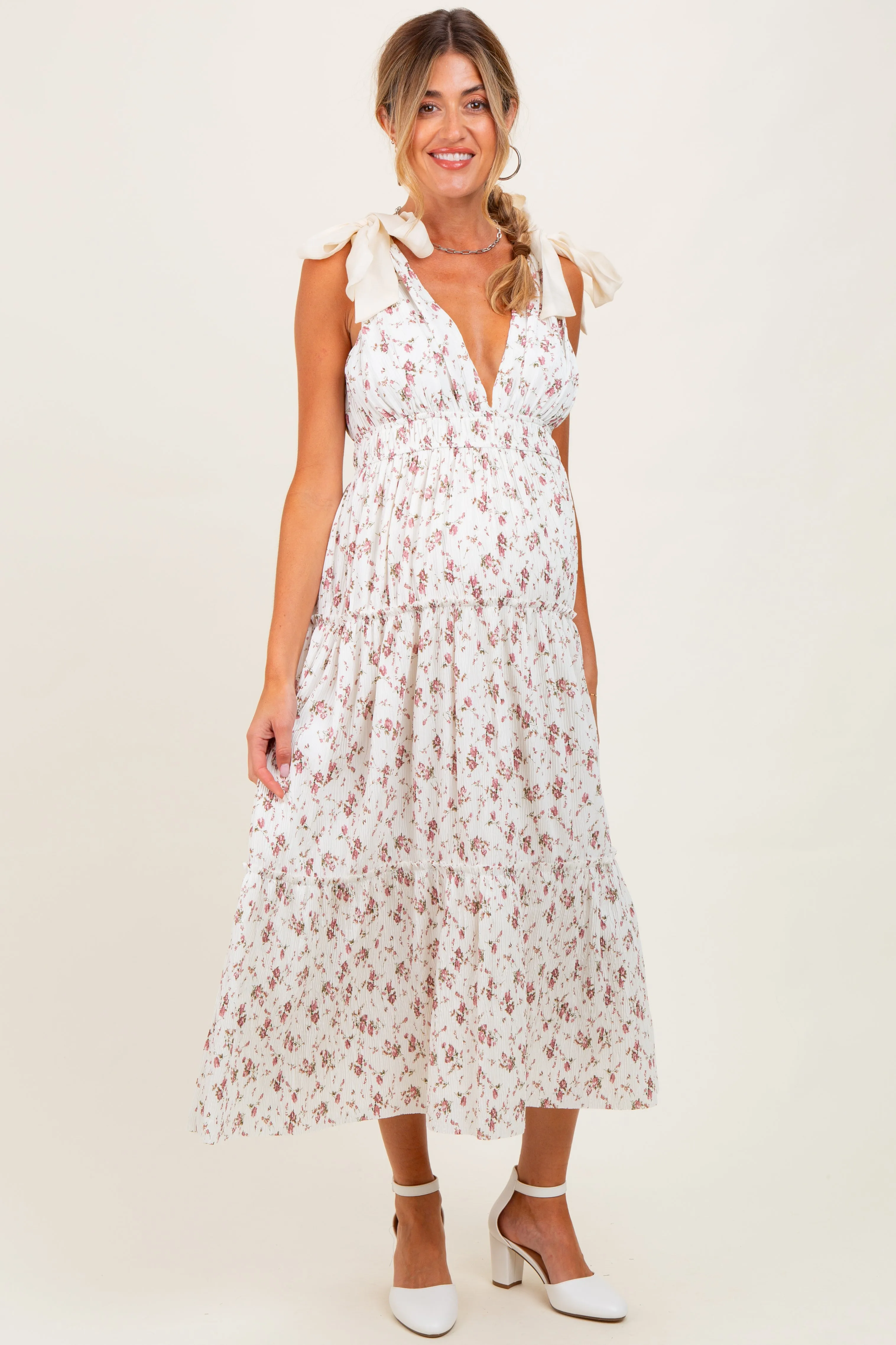 Ivory Floral Deep V-Neck Shoulder Tie Maternity Midi Dress sold by Pinkblush
