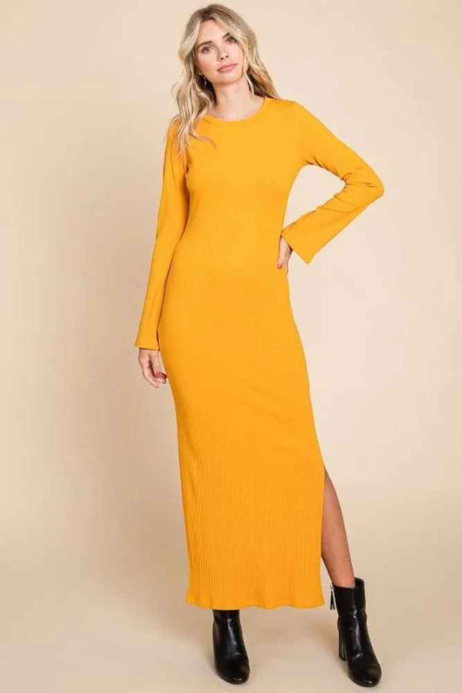Yellow Ribbed Side Slit Maxi Dress sold by Pinkblush